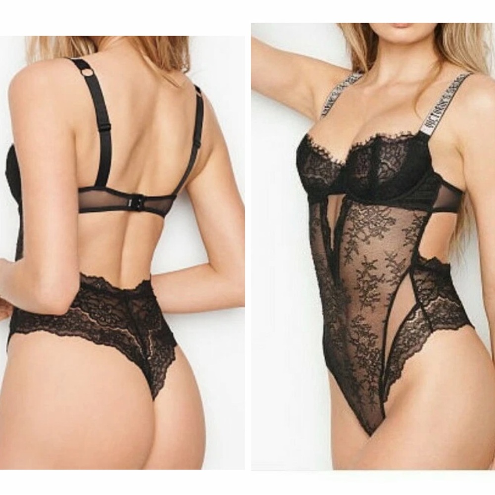 aVictoria's Secret Wicked Logo Shine Strap Lace Teddy in black size XL